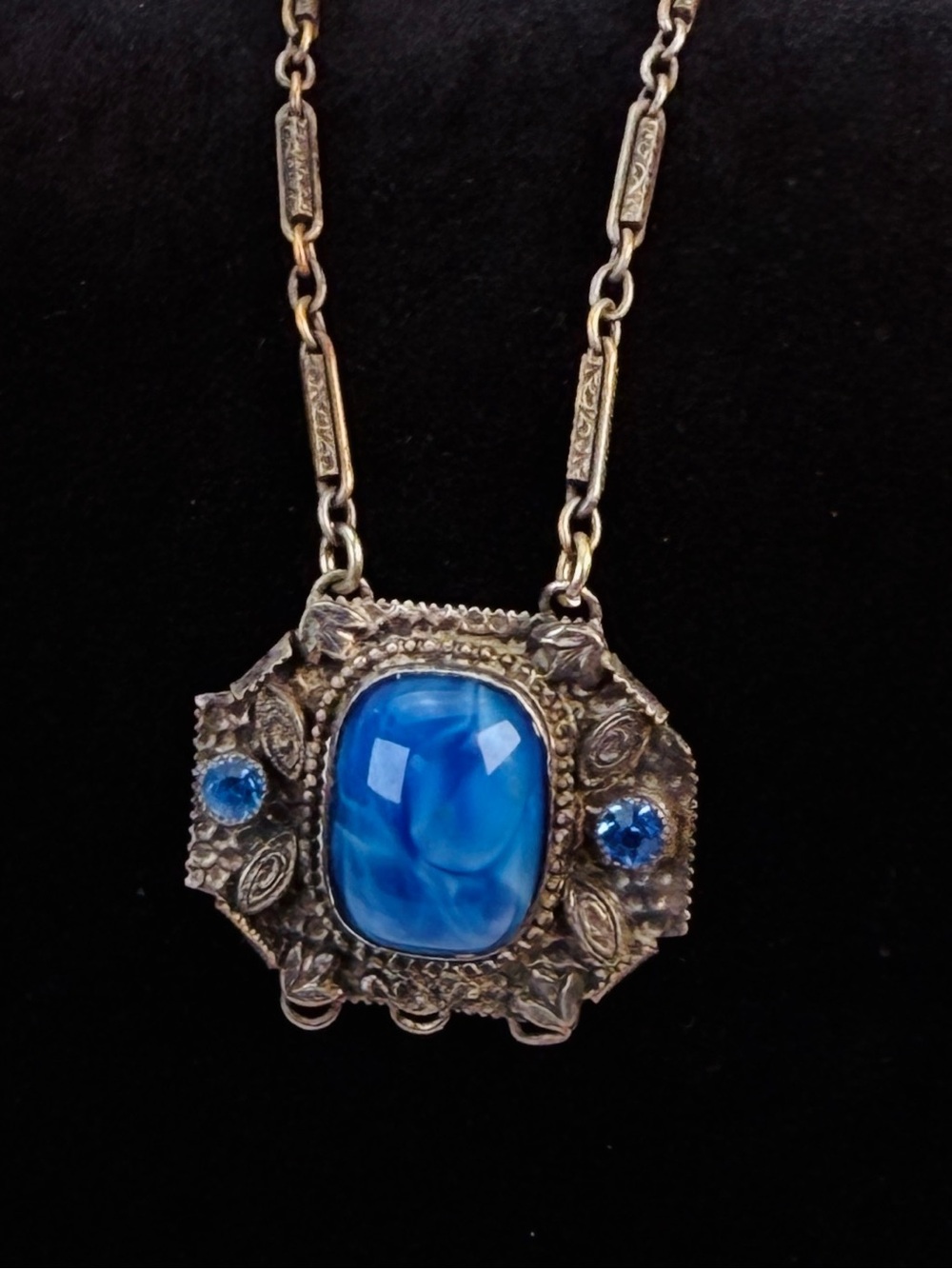 Vintage Czech Style Blue Art Glass Cabochon Necklace Silver Tone